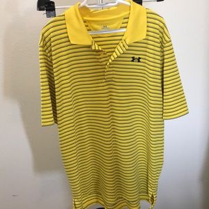Yellow polo with blue, green, and white stripes